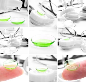 swt of green contact lenses in container with solution.