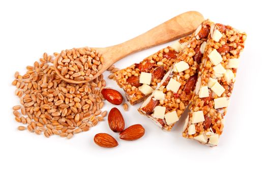 Protein bars with nuts, isolated on white background. / muesli bar snack with nuts and wheat grain
