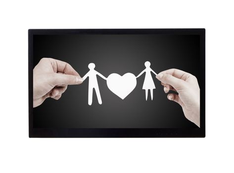 monitor with a paper family in hands isolated on white