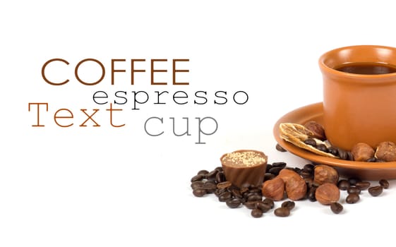 Cup of coffee with ingredients on a white background