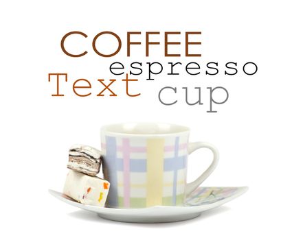 Coffee cup with sweets on white background