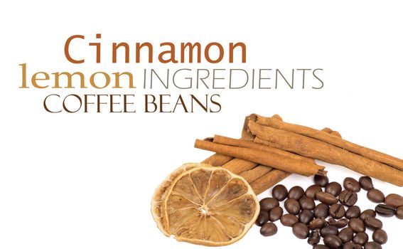 coffee beans, cinnamon and lemon isolated on white
