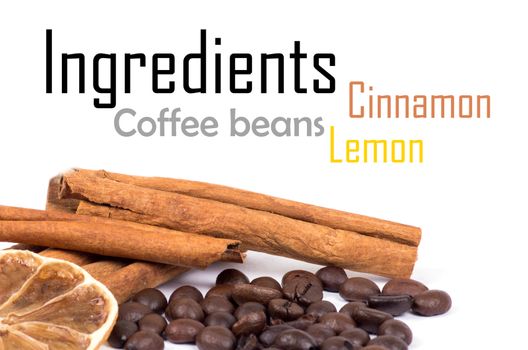 cinnamon, lemon and coffee beans isolated on white