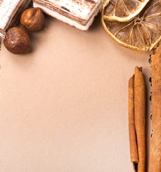 Menu Design. Old paper, coffee bean, cinnamon, lemon, burlap.