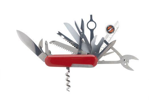 All-purpose Swiss army knife with all blades open, isolated