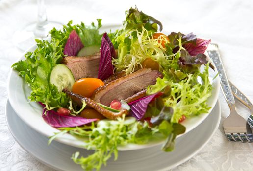 Smoked duck with lettuce,cherry tomato and pomegranate salad