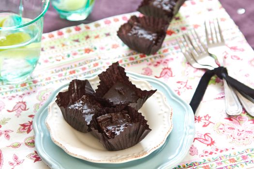 Mini chocolate brownies on dish