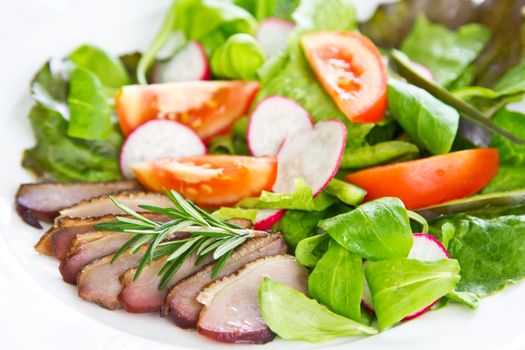 Smoked duck with lettuce,field salad,tomato and rosemary salad