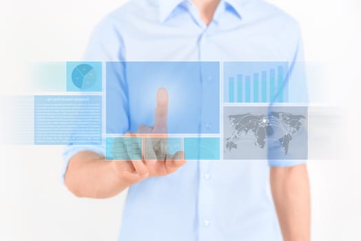 Man touching futuristic touchscreen interface with some graphic, charts and news. Isolated on white.
