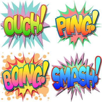 
A Selection of Comic Book Exclamations and Action Words, Ouch, Ping, Boing, Smash