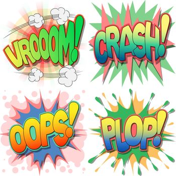 
A Selection of Comic Book Exclamations and Action Words, Vroom, Crash, Oops, Plop.