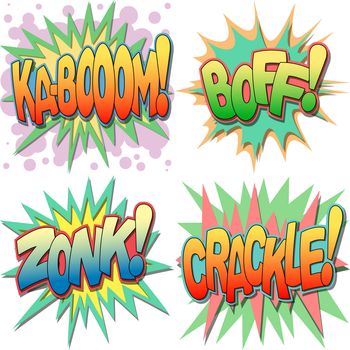 
A Selection of Comic Book Exclamations and Action Words, Kaboom, Boff, Zonk, Crackle.