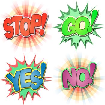 
A Selection of Comic Book Exclamations and Action Words, Stop, Go, Yes, No.