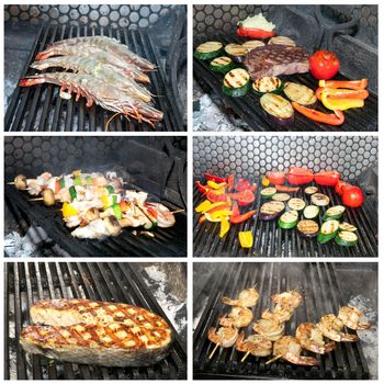 grilling meat vegetables and seafood