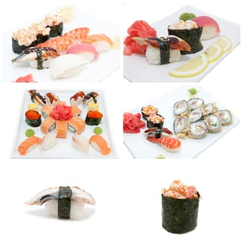 Japanese sushi fish and seafood on white background