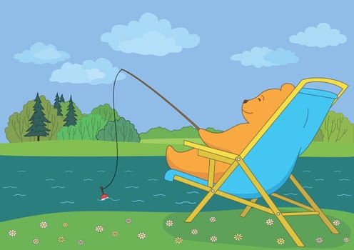 Cartoon, teddy bear sitting in a chaise lounge and fishing in forest river