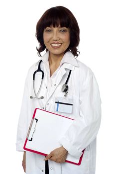 Medical expert holding clipboard. Ready to go on her scheduled rounds in hospital. All on white background