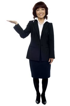 Business expert presenting copy space isolated over white