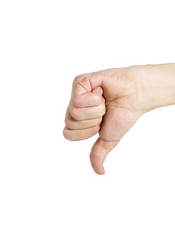 Thumb down hand sign isolated on white