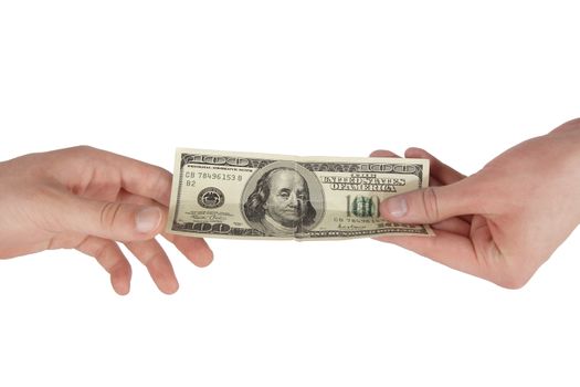 Hand giving money to other hand isolated