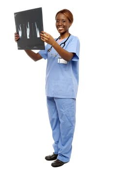 Young medical expert reviewing x-ray report isolated over white background