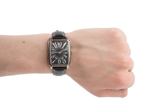 human hand with watch on the white background