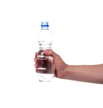 Hand with water bottle isolated on white background