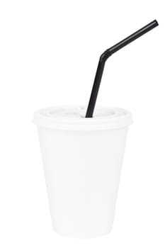 White paper cup and black drinking straw isolated on white background