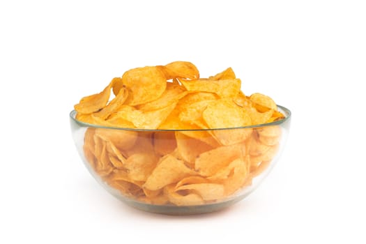 Bowl of potato chips isolated on white background