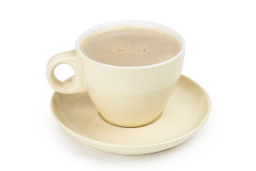 small white cup of cappuccino coffee on light background