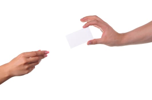 Man and woman hands passing each other a business card