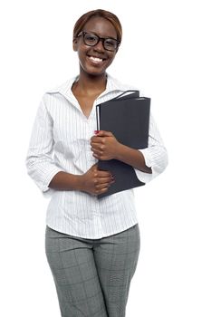 Female representative posing with file folder isolated against white background