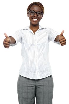 Confident business lady showing double thumbs up to you