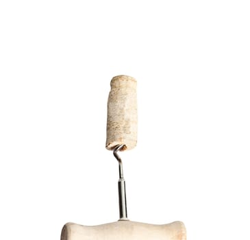 Cork and corkscrew on white background