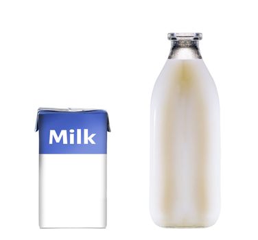 bottle of milk and carton with milk on white background
