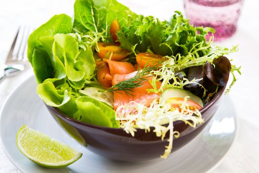 Smoked Salmon with lettuce,cucumber,tomato and lime salad