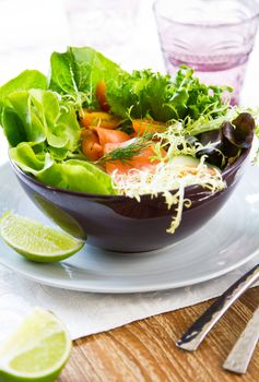 Smoked Salmon with lettuce,cucumber,tomato and lime salad