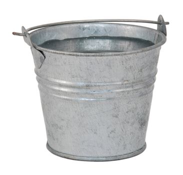 Fresh water in a miniature metal bucket, isolated on a white background