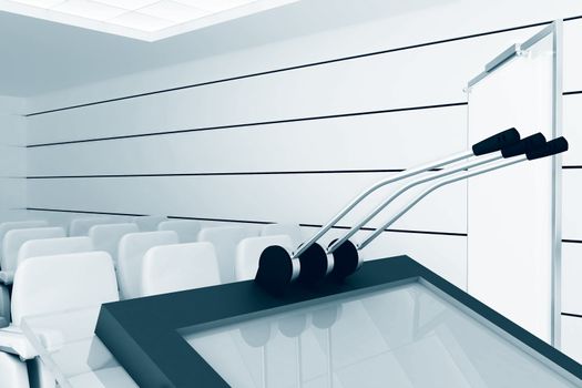 Microphones and visual board in modern conference room