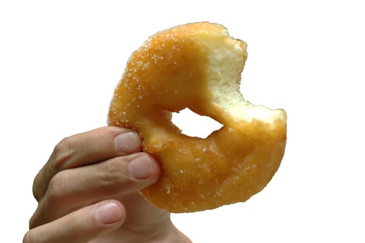 Single bitten cake donut on a white background