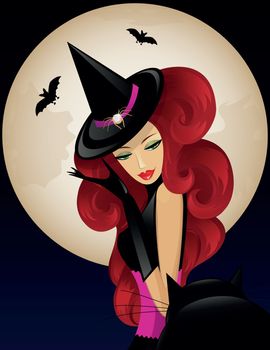 Beautiful Witch  With Black Cat on Celebrating Halloween