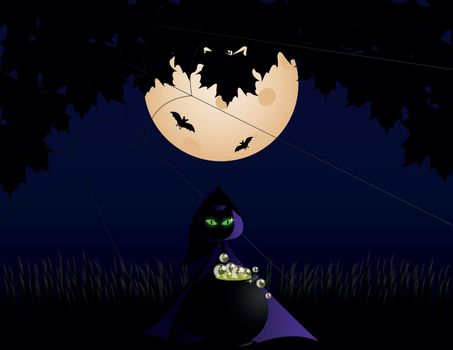 black cat on night of Halloween with Moon and bat