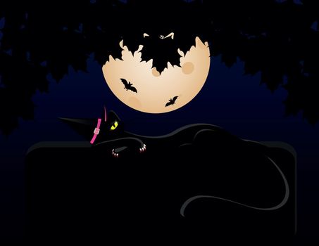 black cat on night of Halloween with Moon and bat