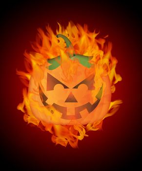 Halloween Carved Punmpkin Jack-O-Lantern with Fire Flames Background Illustration
