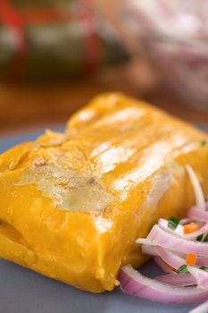 Peruvian tamale (traditionally eaten for breakfast on Sundays) made of corn and chicken and served with salsa criolla (onion salad), in the front of the tamale's surface the chicken meat filling is visible (Selective Focus, Focus one third into the tamale)