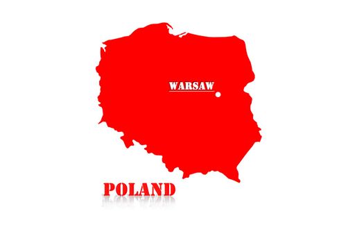 Red silhouette of a map of Poland with a designation of capital
