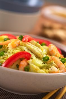 Bowl of spicy rice dish with cabbage, chicken and shrimp, garnished wih tomato slices and scallion (Selective Focus, Focus on the middle of the dish)