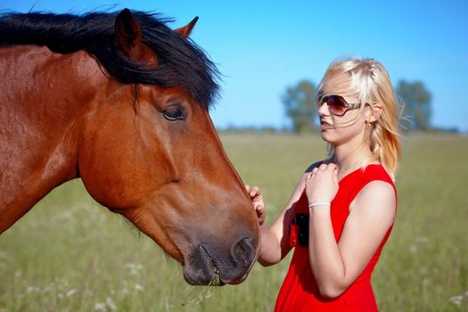 Portrait of the girl with a horse in the field