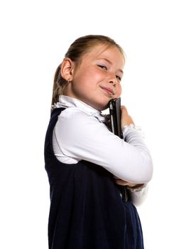 The little girl with the tablet on a white background