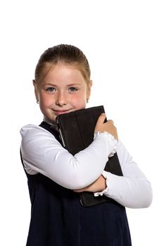 The little girl with the tablet on a white background